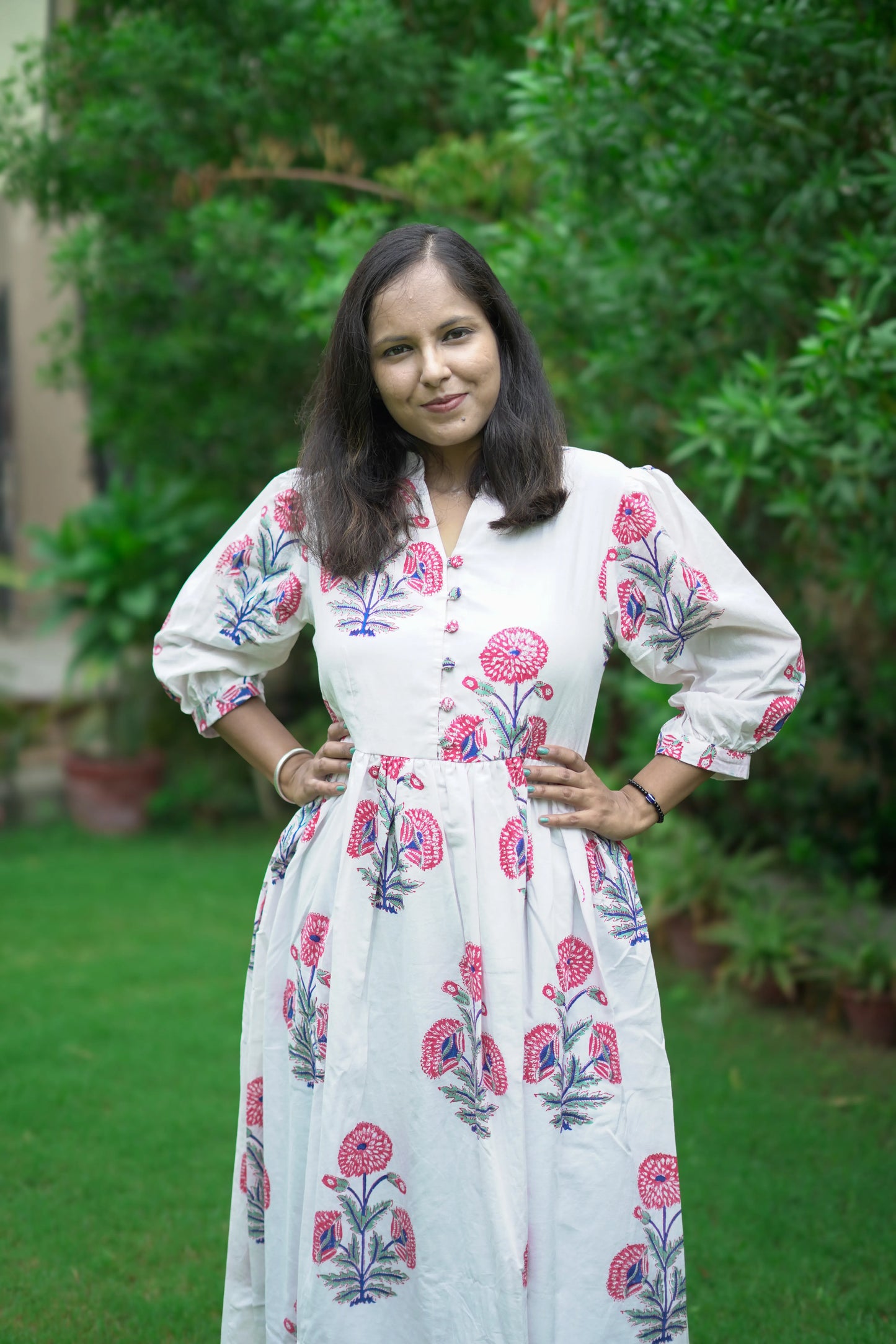White Ankle Length Dress With Authentic Red Boota