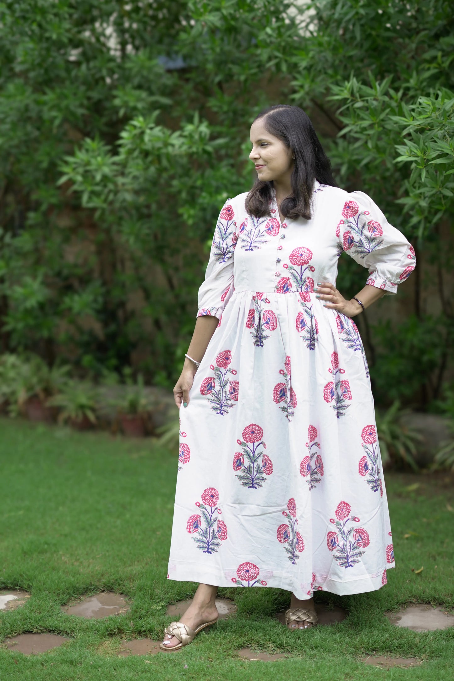 White Ankle Length Dress With Authentic Red Boota