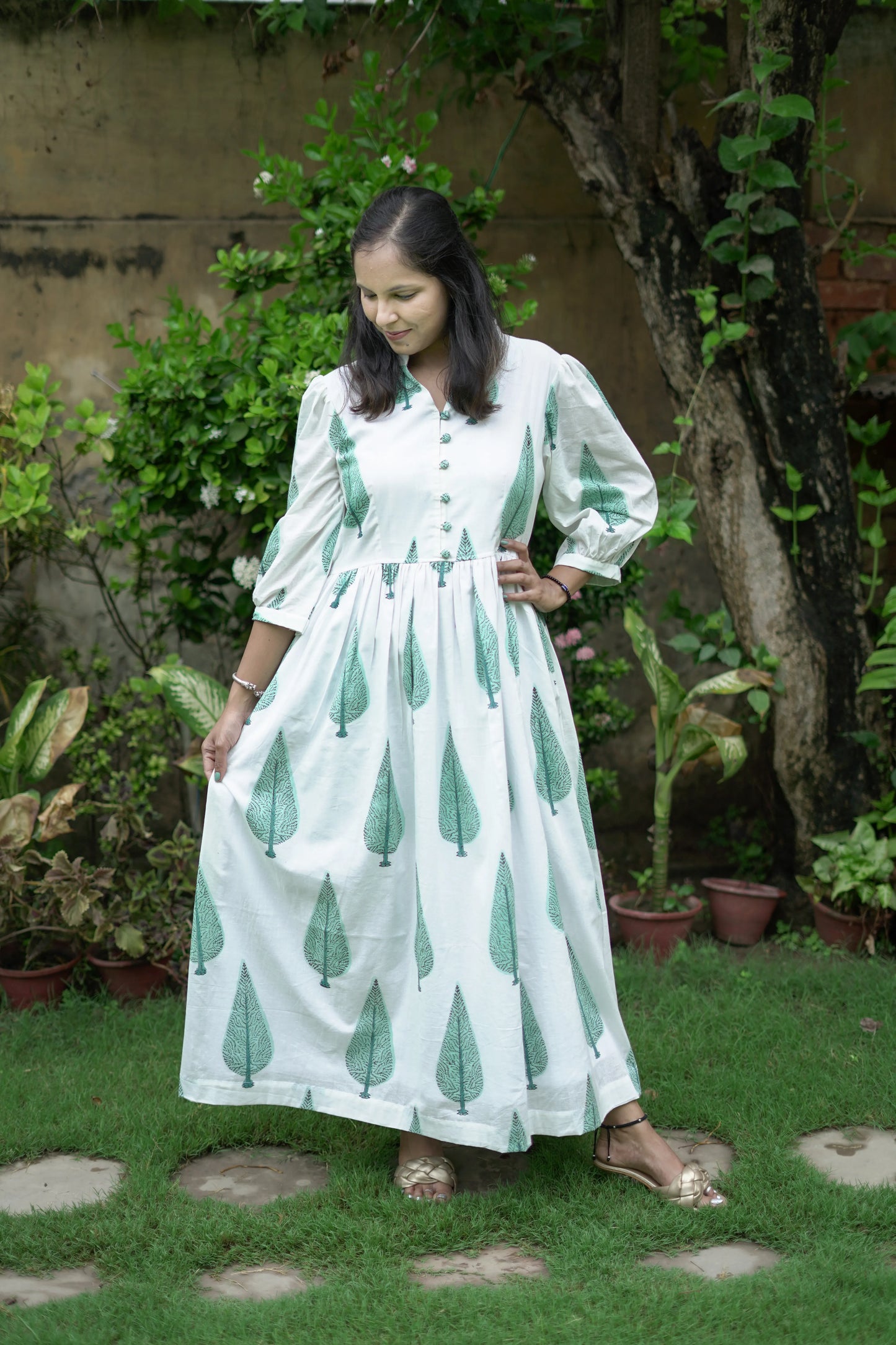 White Ankle Length Dress With Cypress Motifs