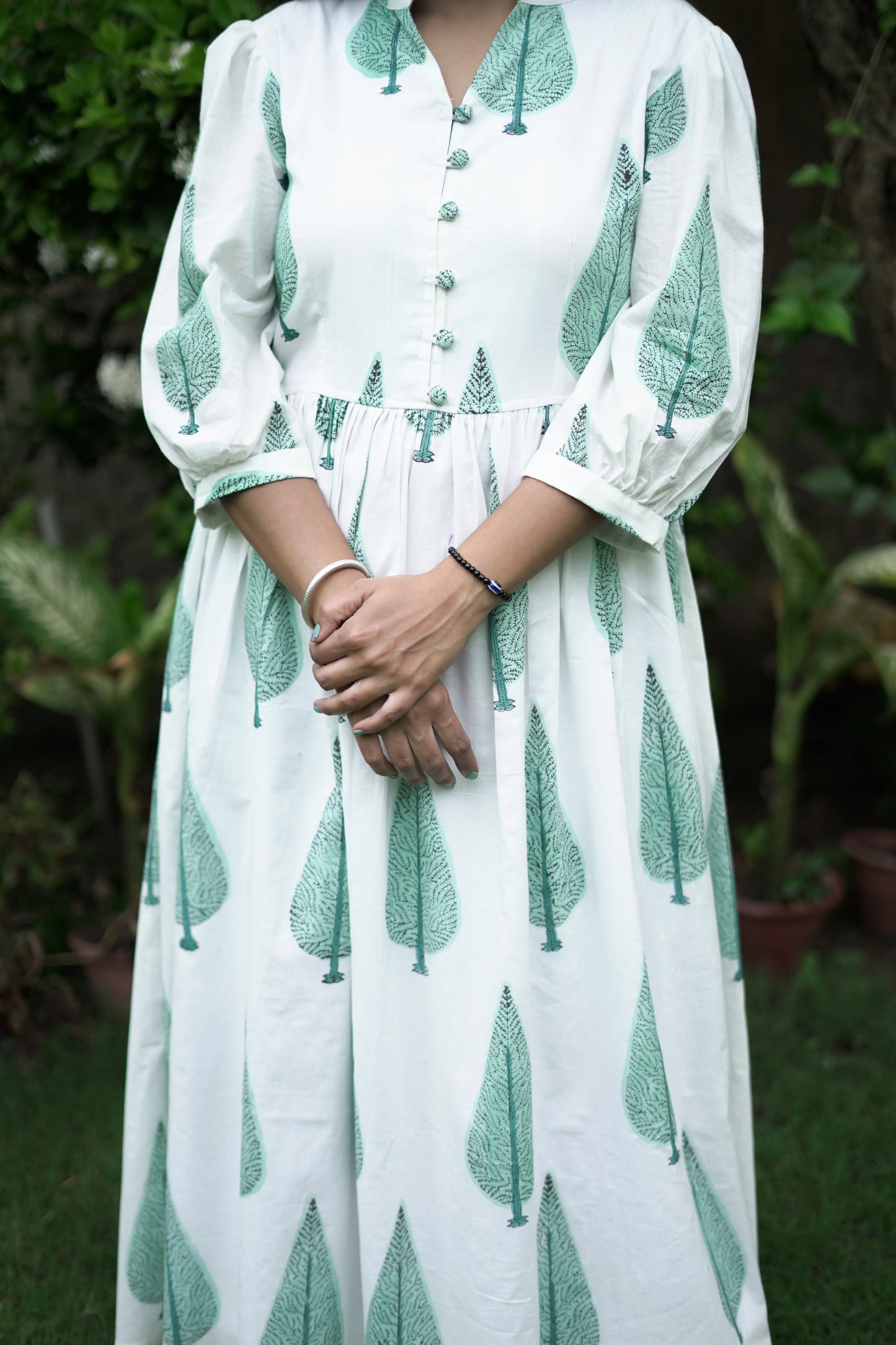 White Ankle Length Dress With Cypress Motifs
