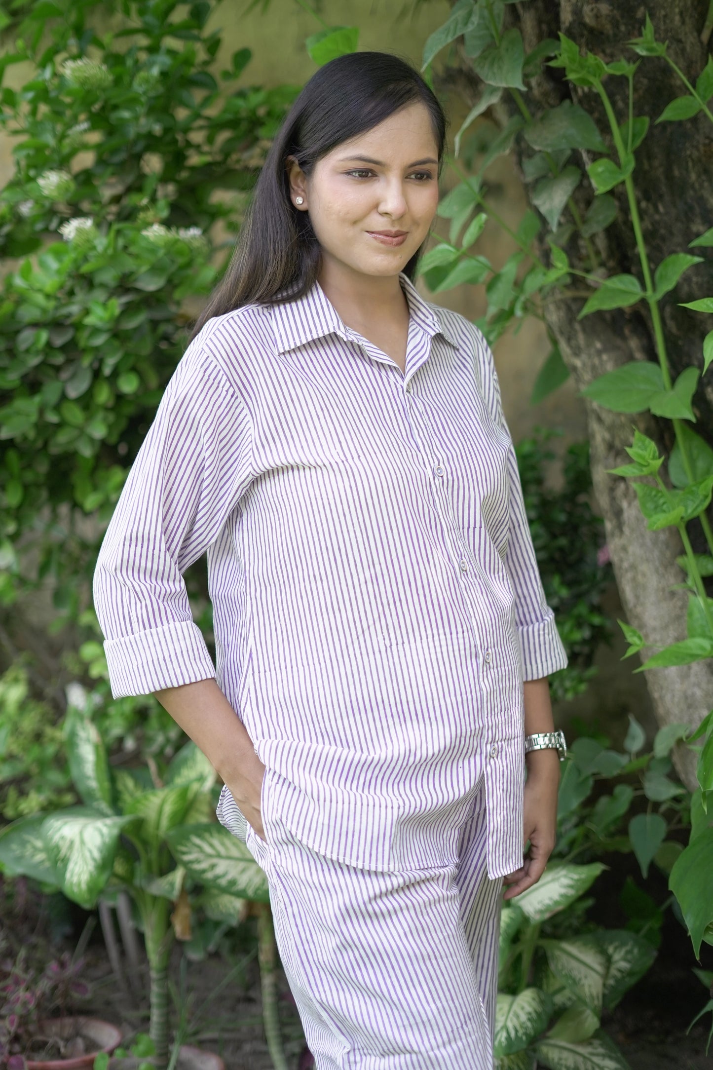 Purple White Striped Shirt Style Coord