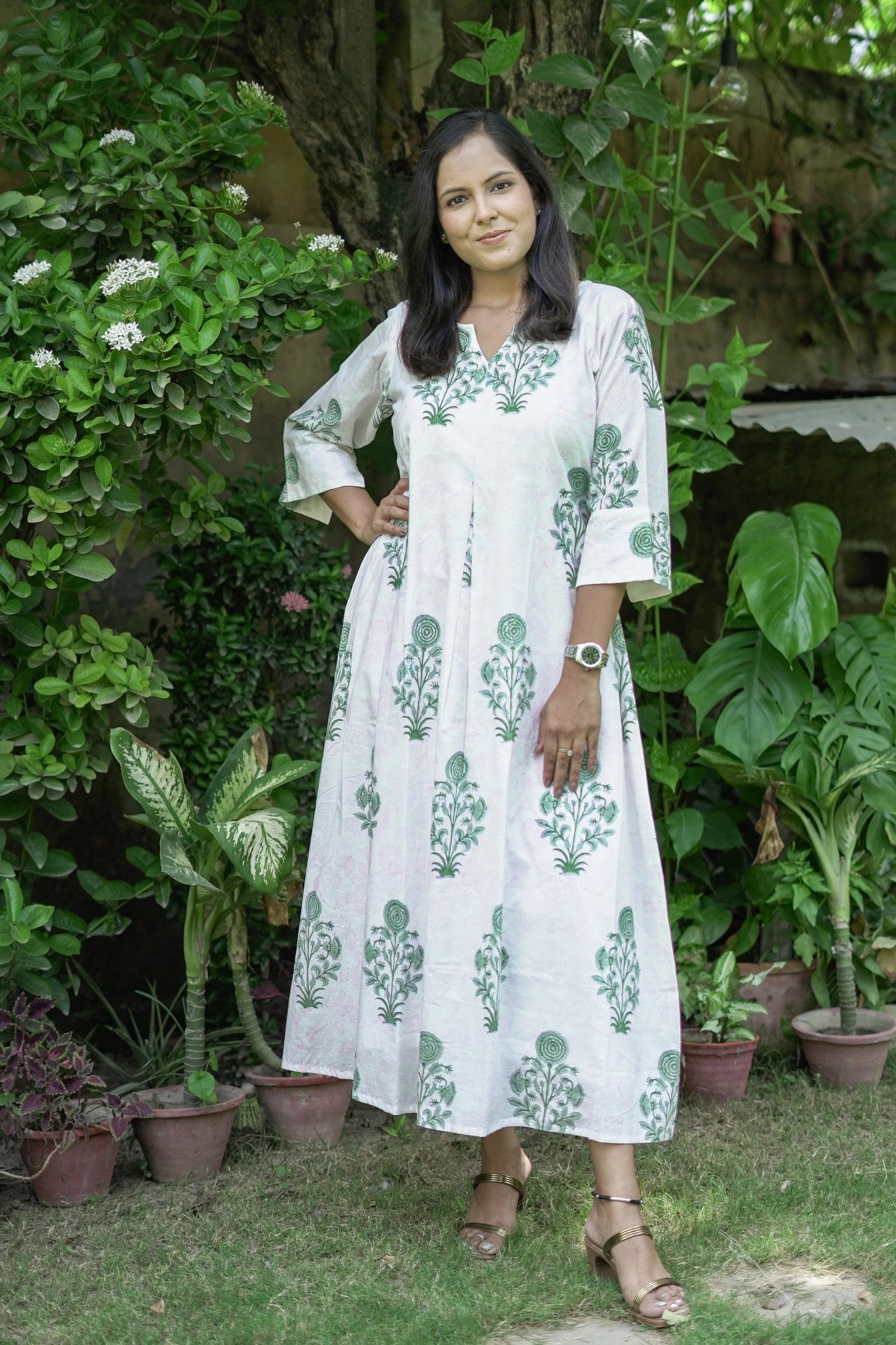 Cream and Green Box Pleat Dress
