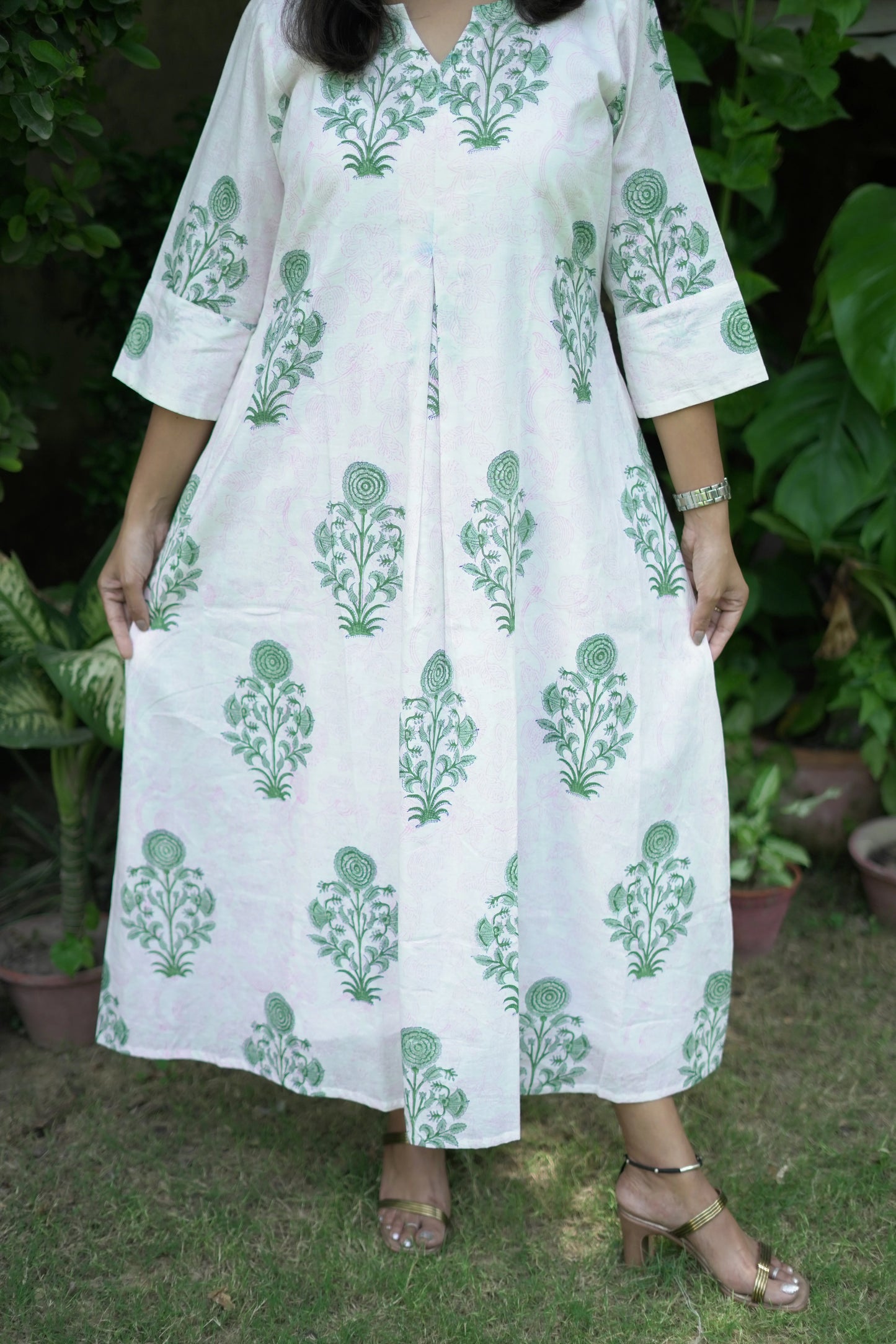 Cream and Green Box Pleat Dress