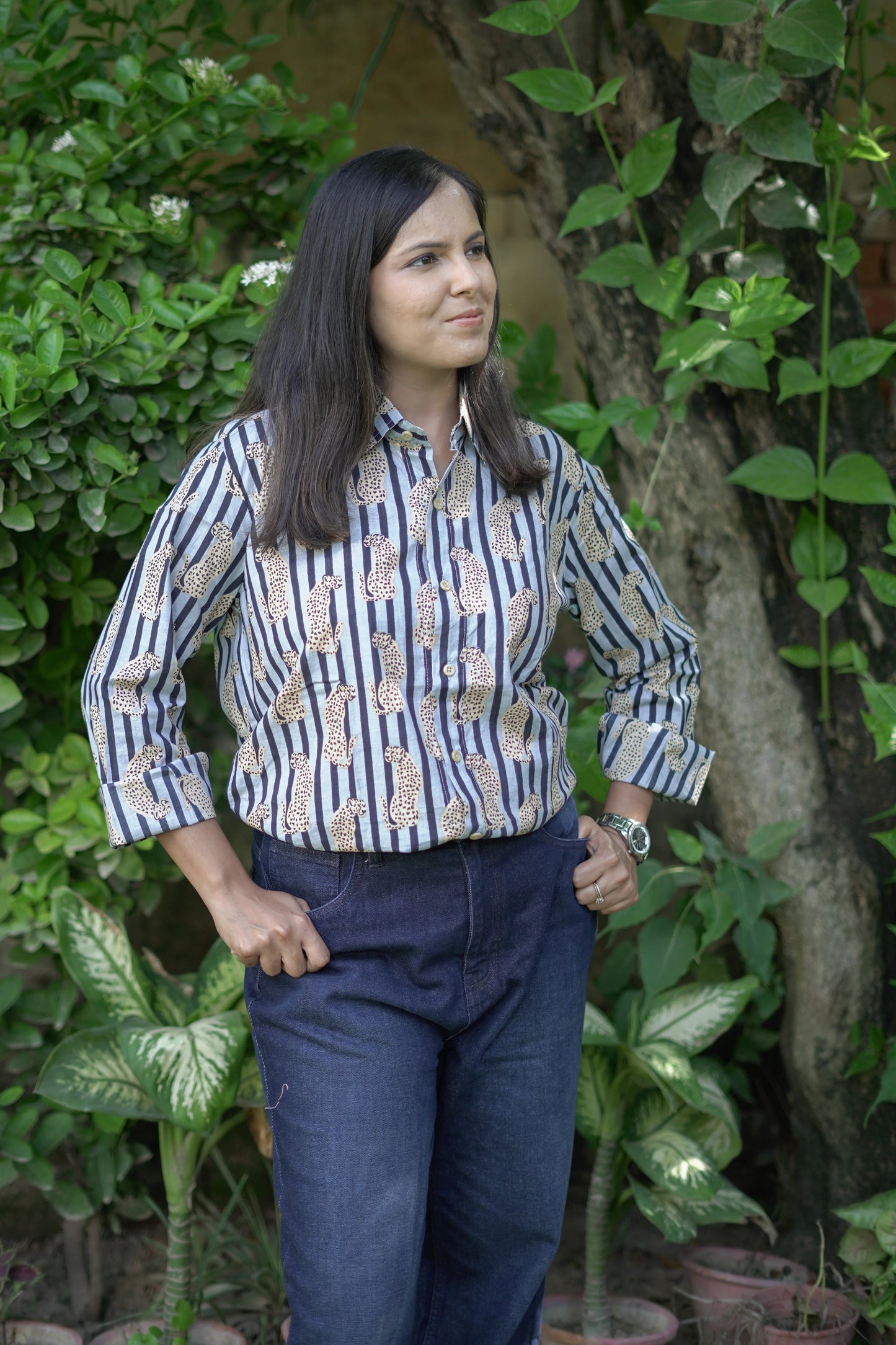 Blue Striped Shirt with Leopard Motifs