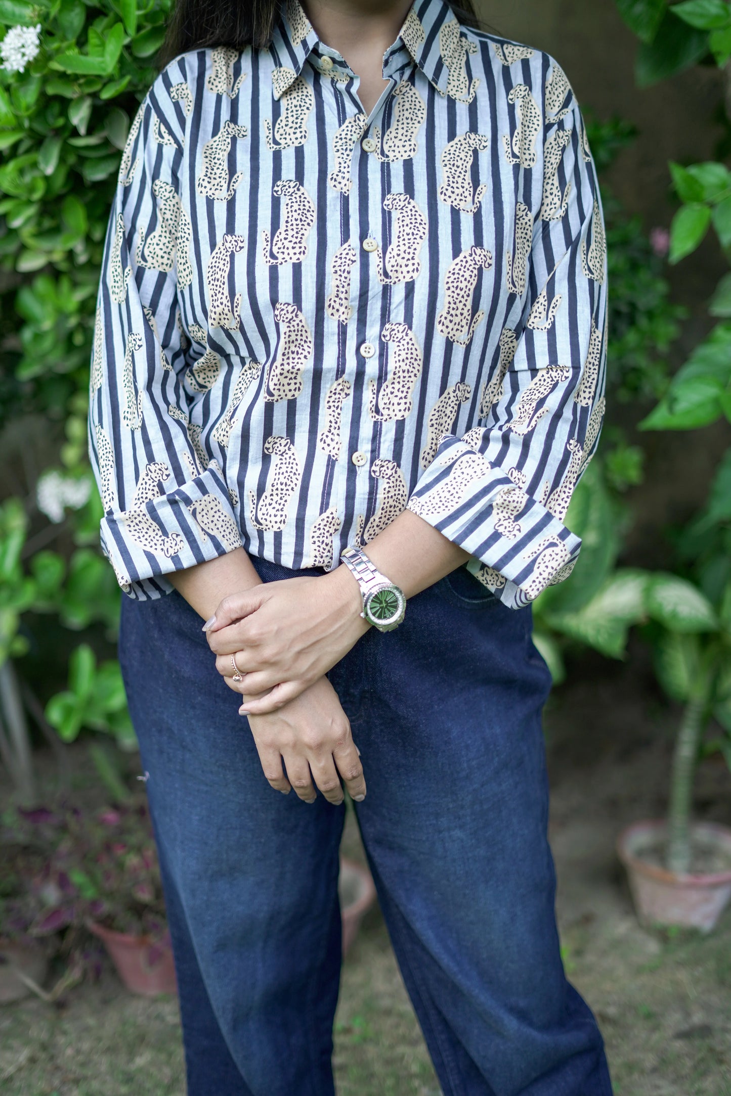 Blue Striped Shirt with Leopard Motifs
