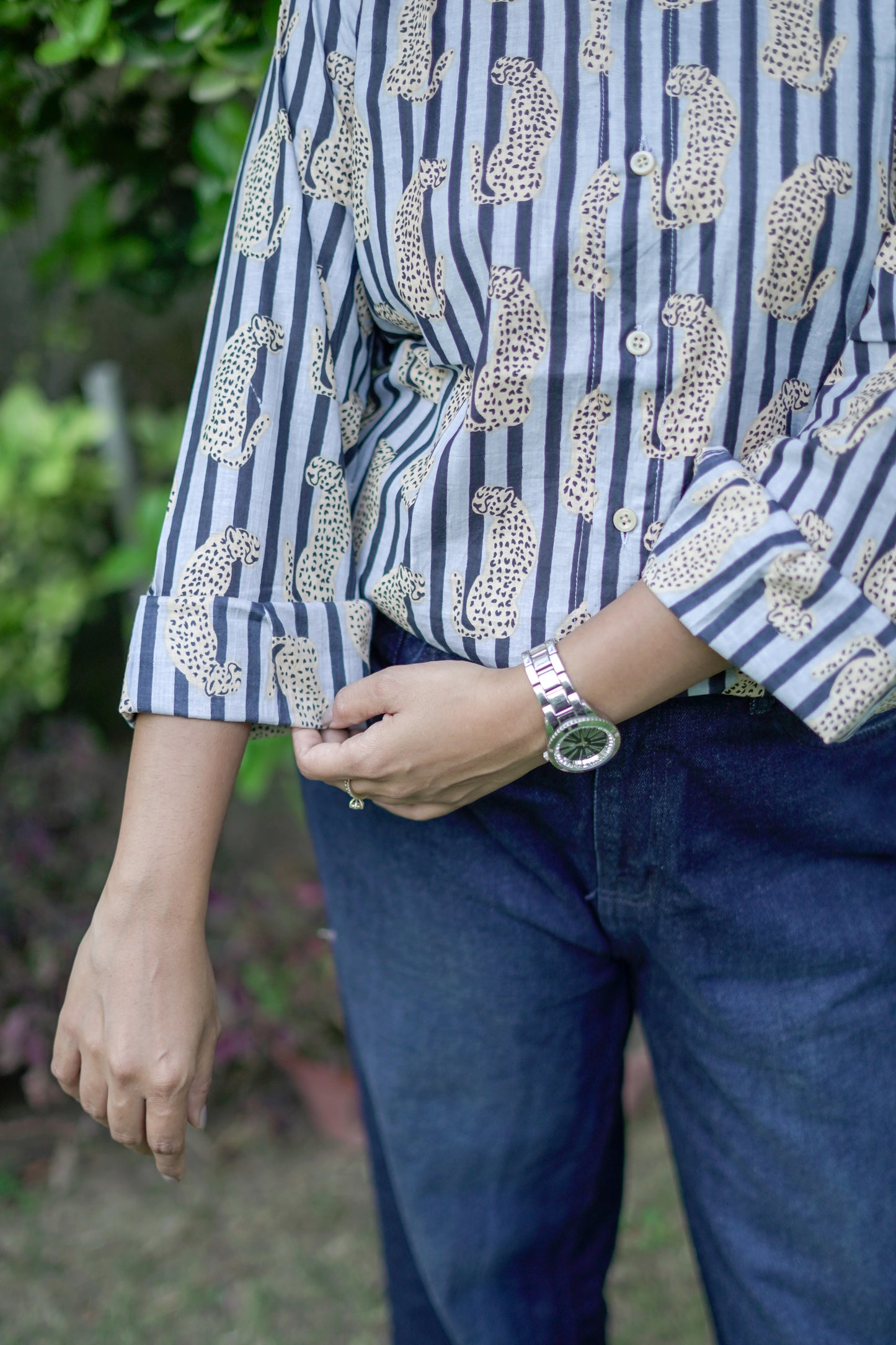 Blue Striped Shirt with Leopard Motifs