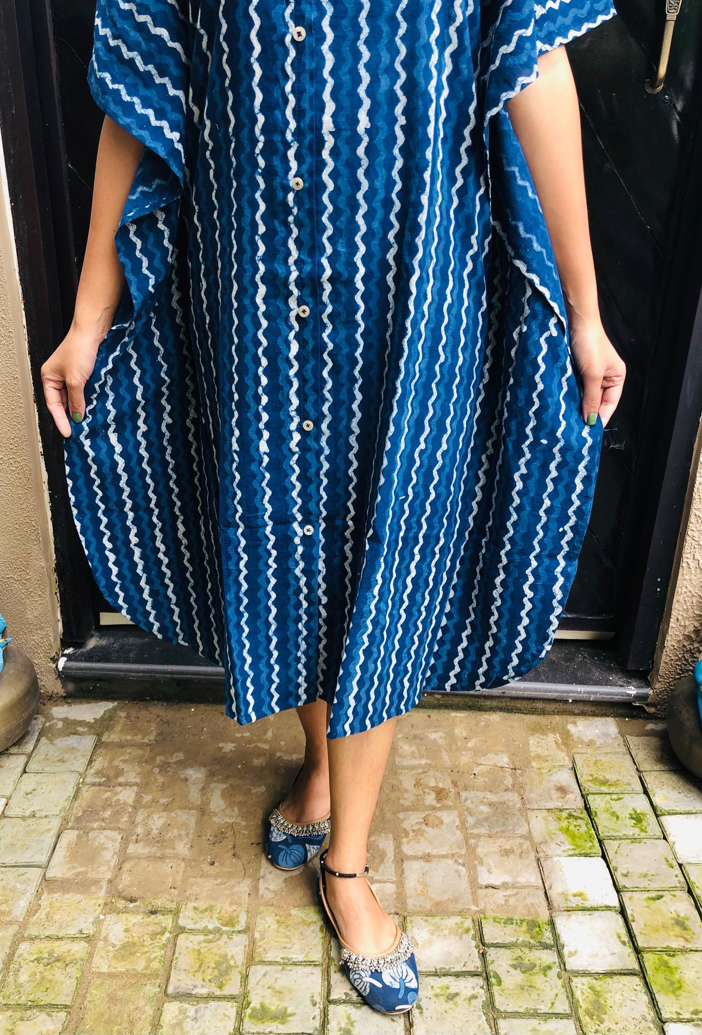 Indigo Charm Zigzag Kaftan Dress