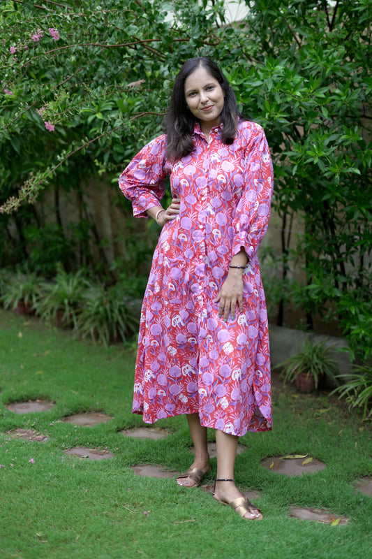 Red Foral Shirt Dress