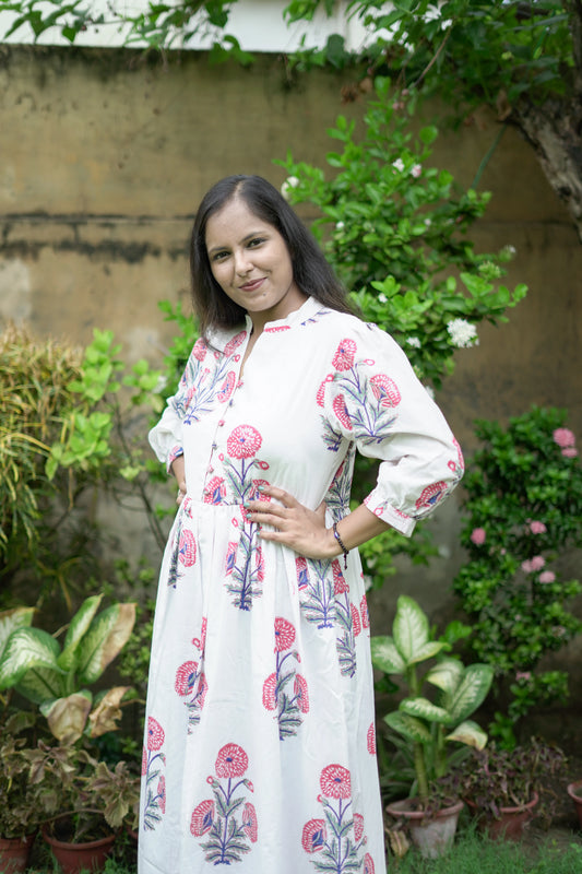 White Ankle Length Dress With Authentic Red Boota