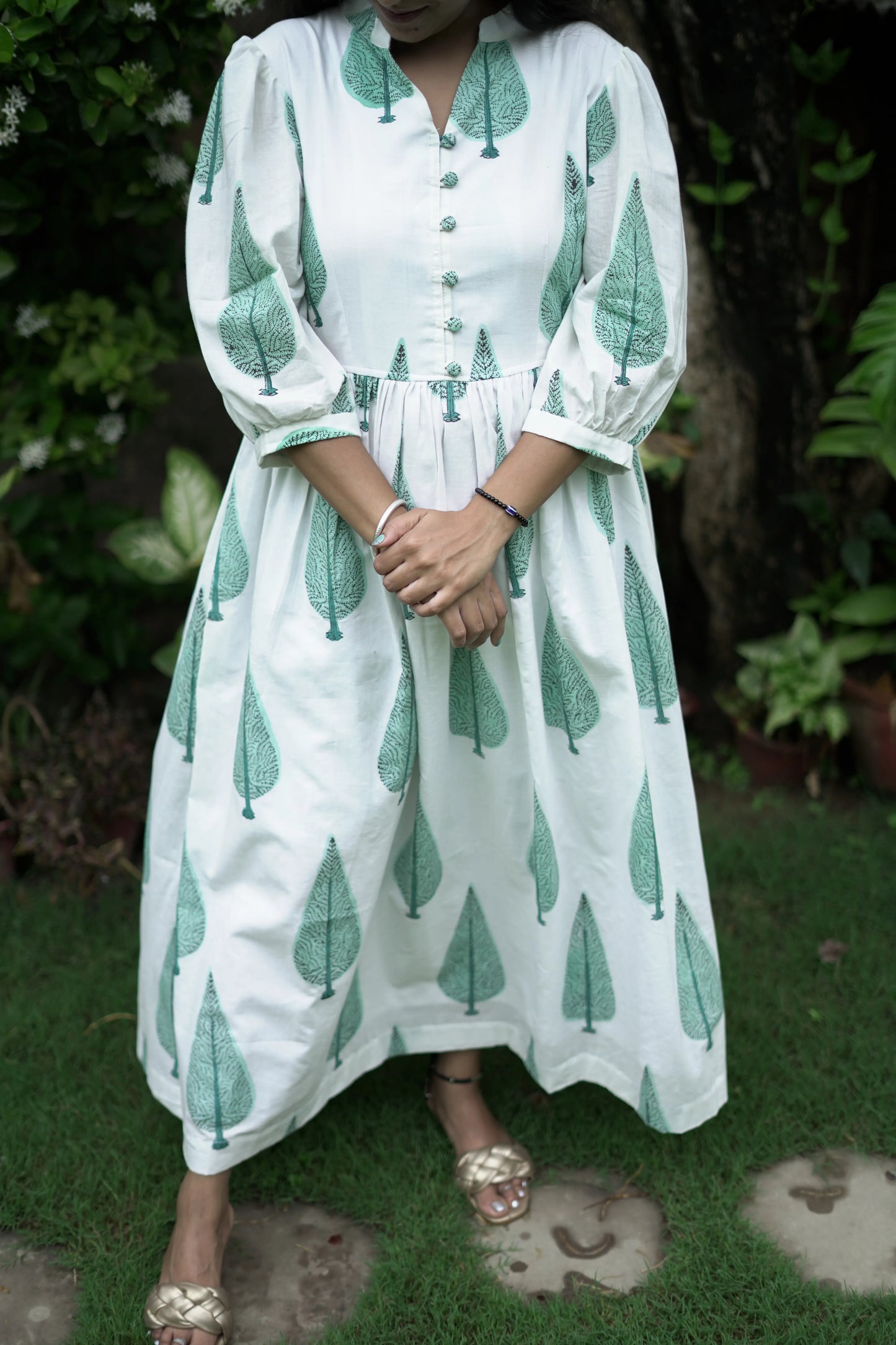 White Ankle Length Dress With Cypress Motifs