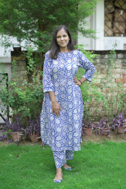 Blue Floral Kurta Pant Coord