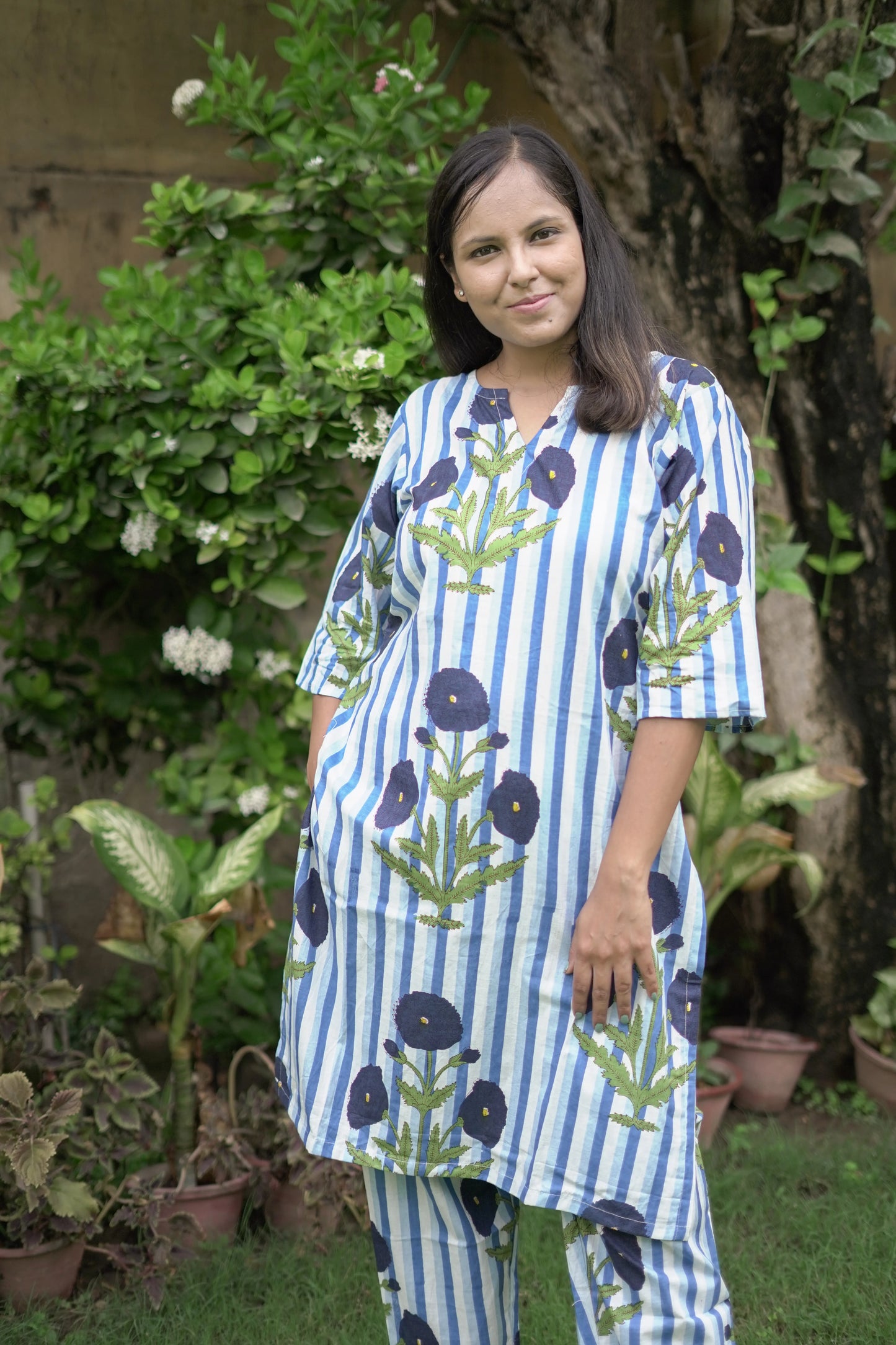 Blue Stripes With Boota Kurta Pant Coord