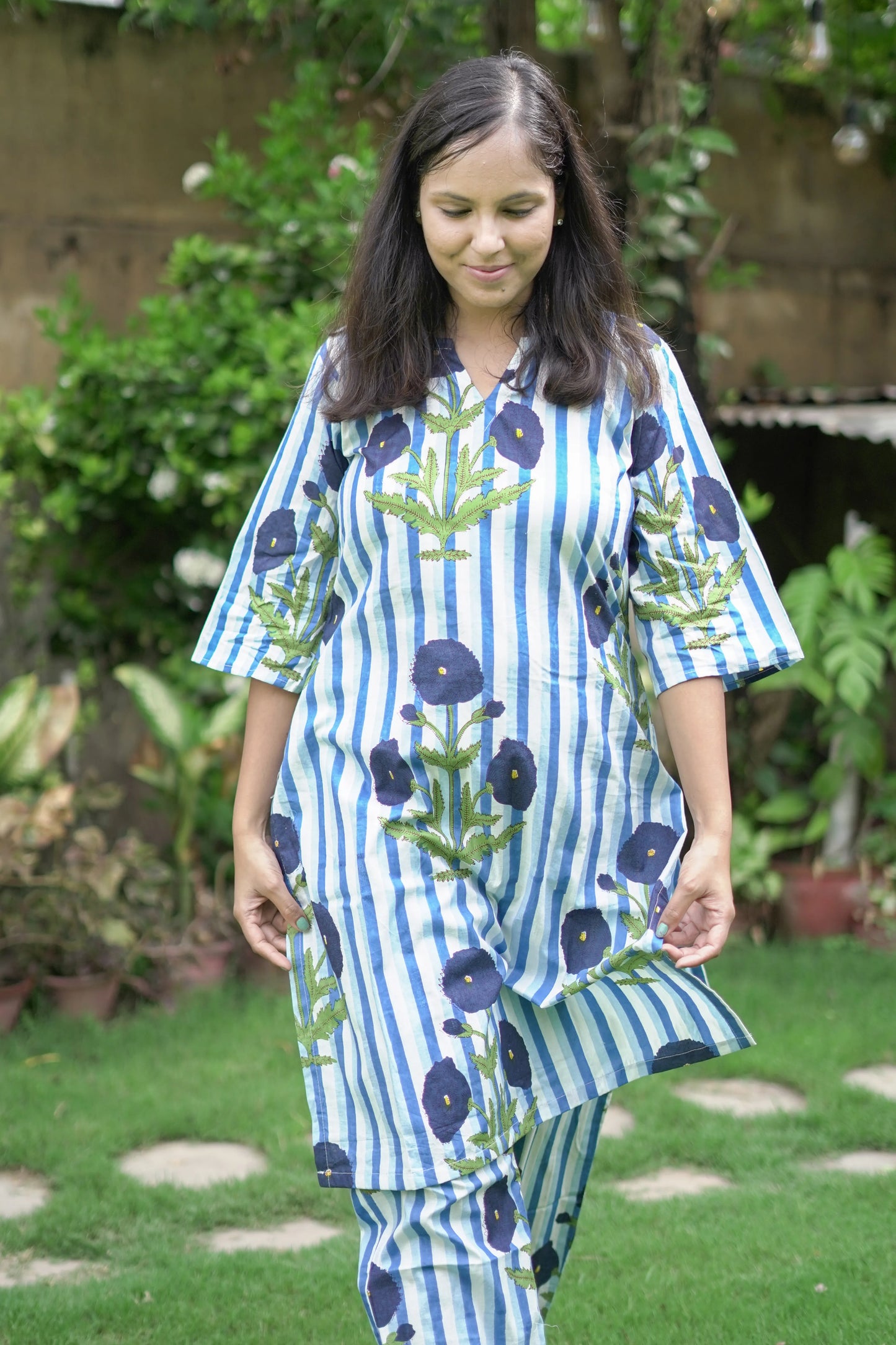 Blue Stripes With Boota Kurta Pant Coord