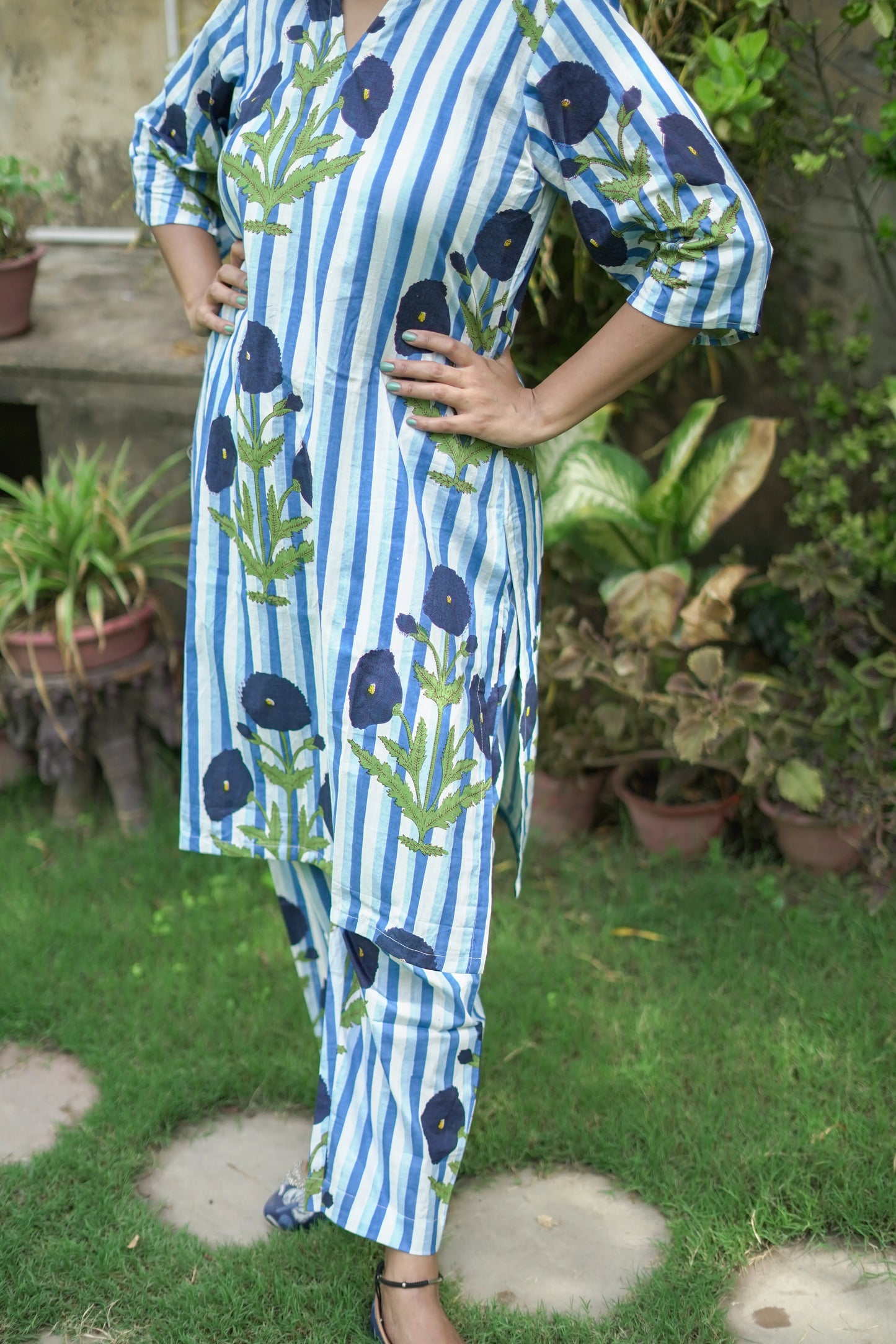 Blue Stripes With Boota Kurta Pant Coord