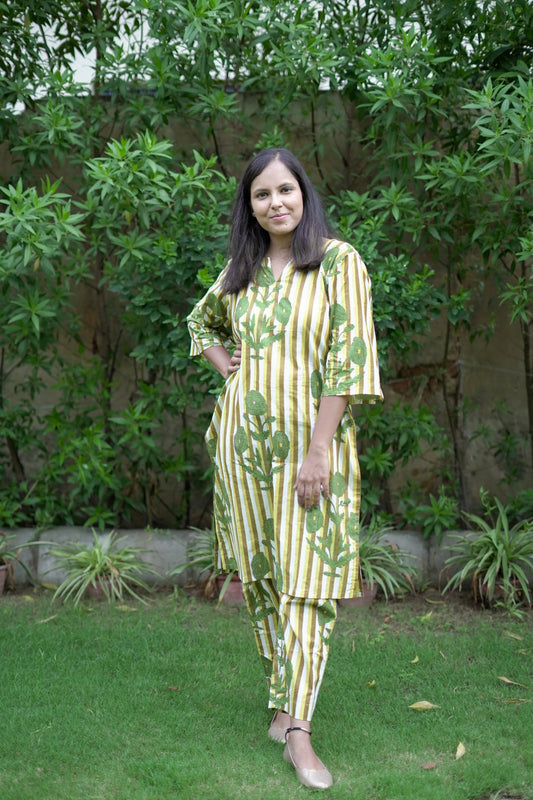 Green Stripe With Boota Kurta Pant Coord