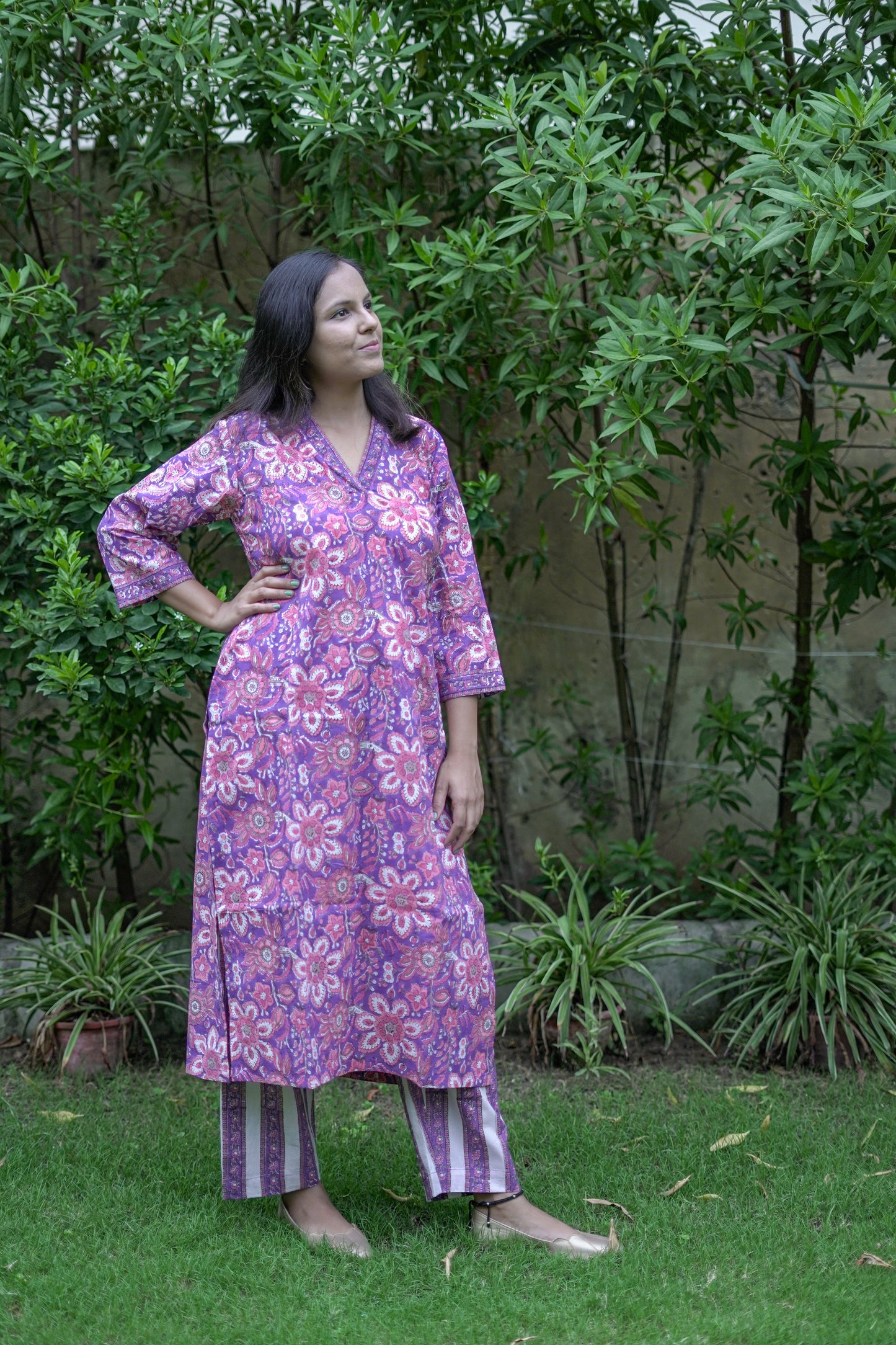 Purple Floral Kurta Pant Set