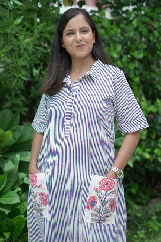 Calf Length Blue White Shirt Dress