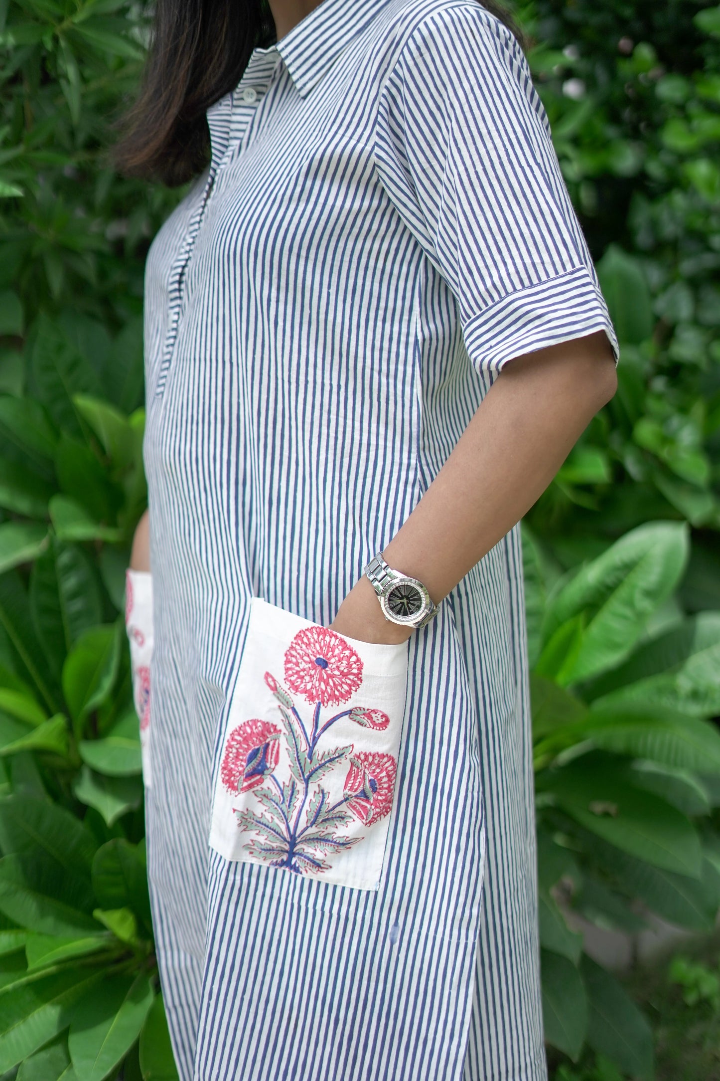 Calf Length Blue White Shirt Dress