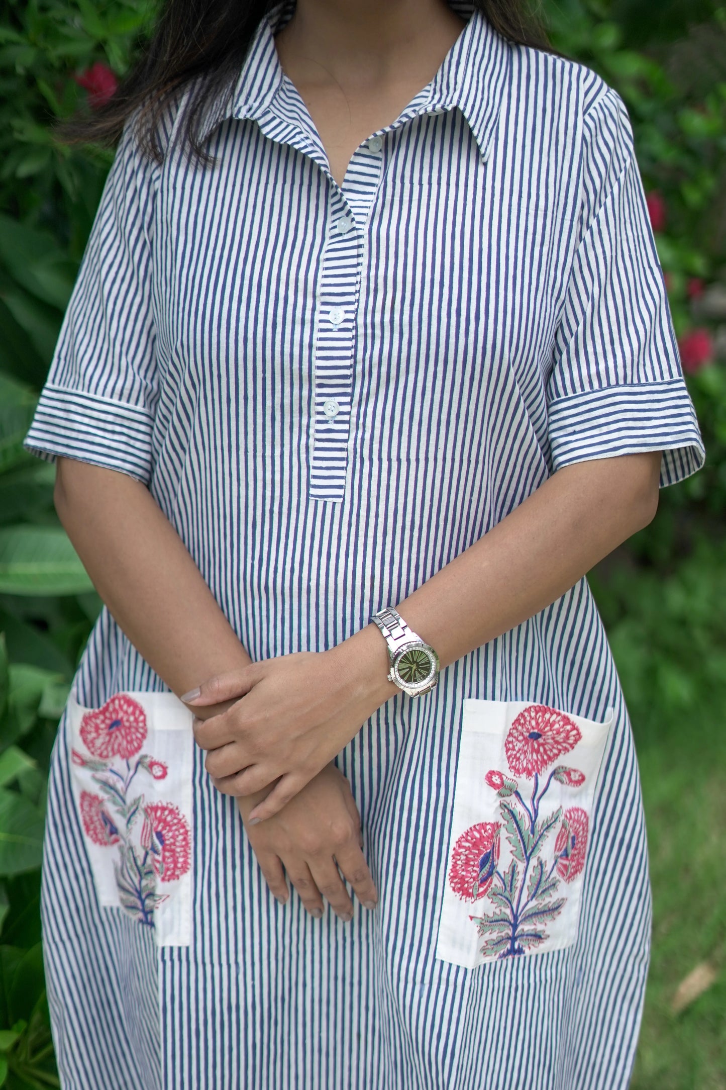 Calf Length Blue White Shirt Dress