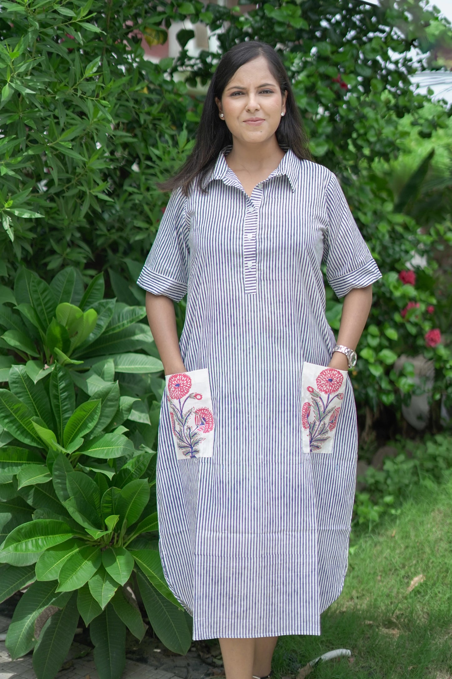 Calf Length Blue White Shirt Dress