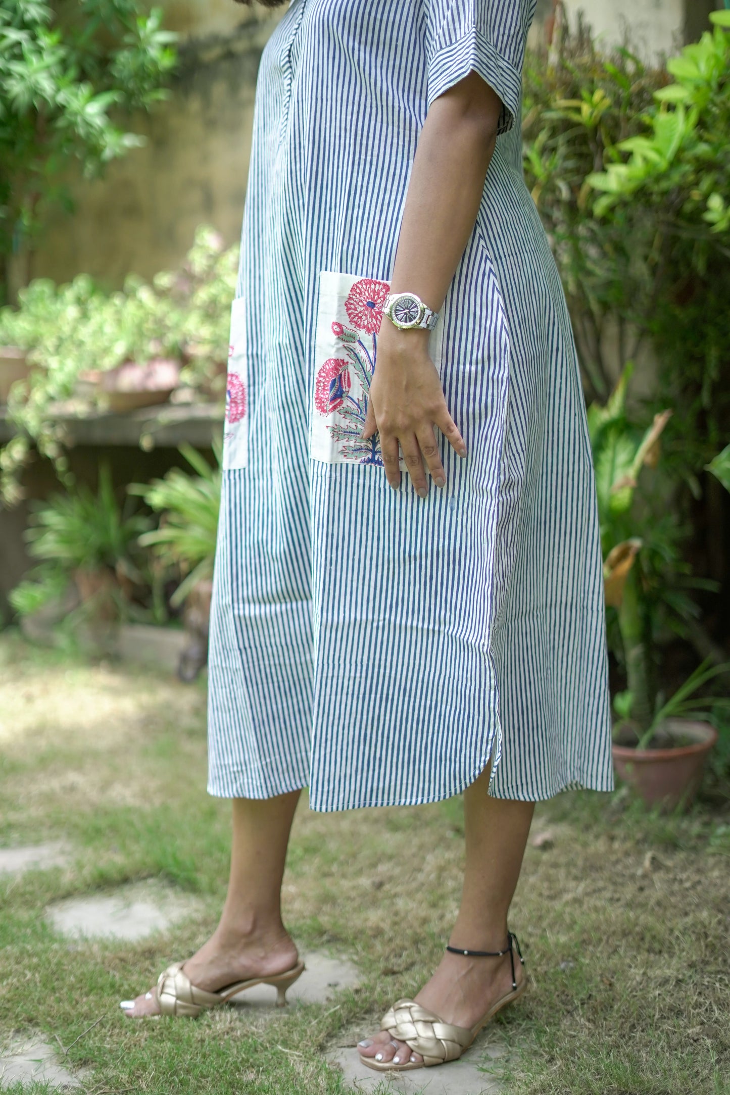 Calf Length Blue White Shirt Dress