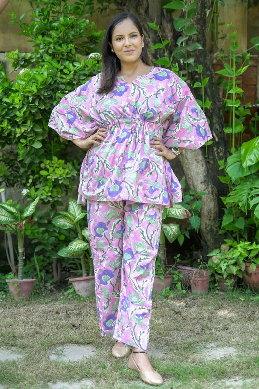 Pink Floral Jaal Kaftan Pant Set