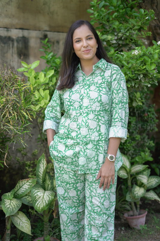 Green Floral Jaal Shirt Style Coord