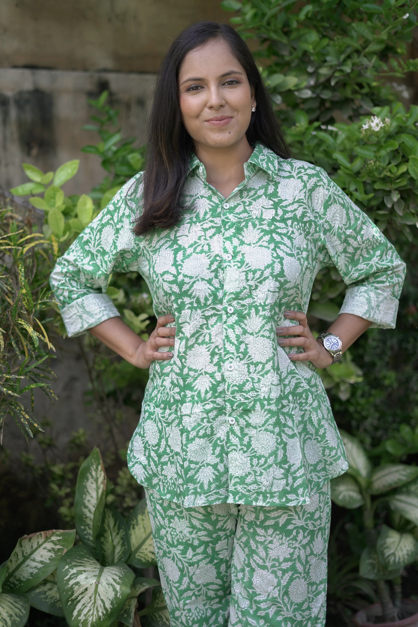 Green Floral Jaal Shirt Style Coord