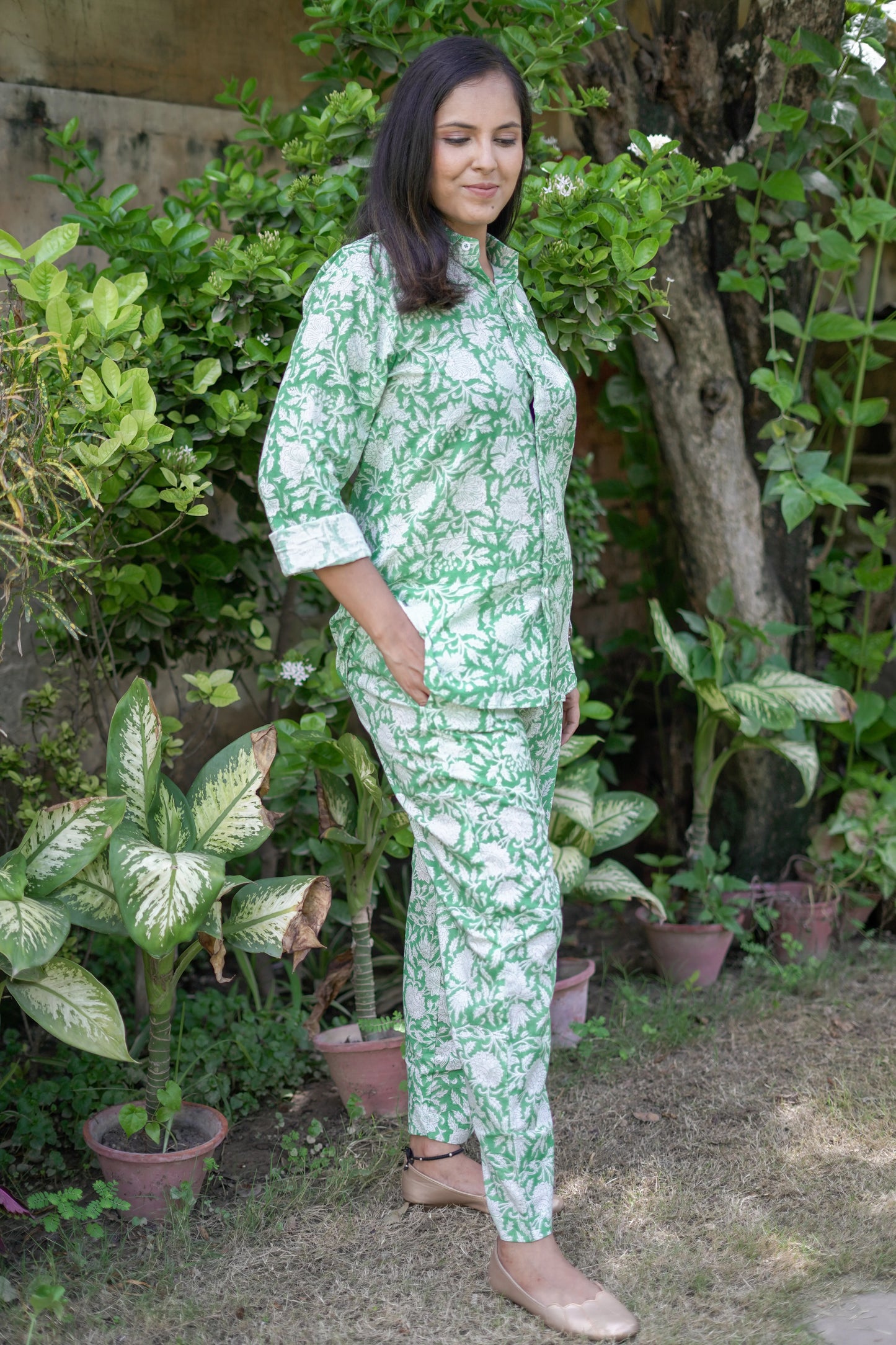 Green Floral Jaal Shirt Style Coord