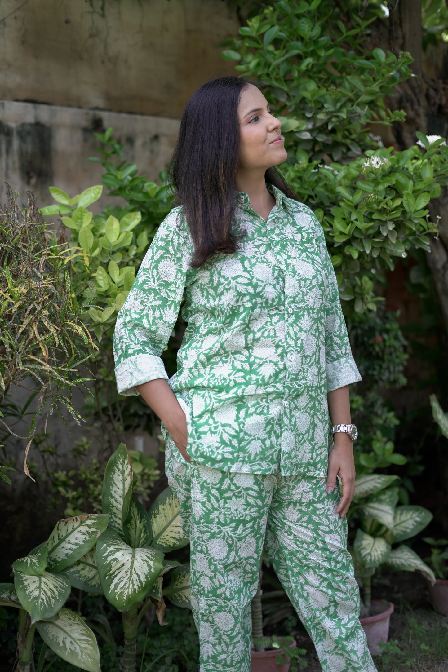 Green Floral Jaal Shirt Style Coord