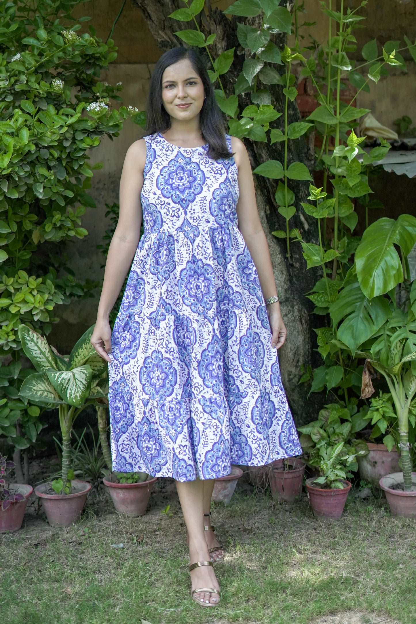 Layered Blue Floral Sleeveless Dress