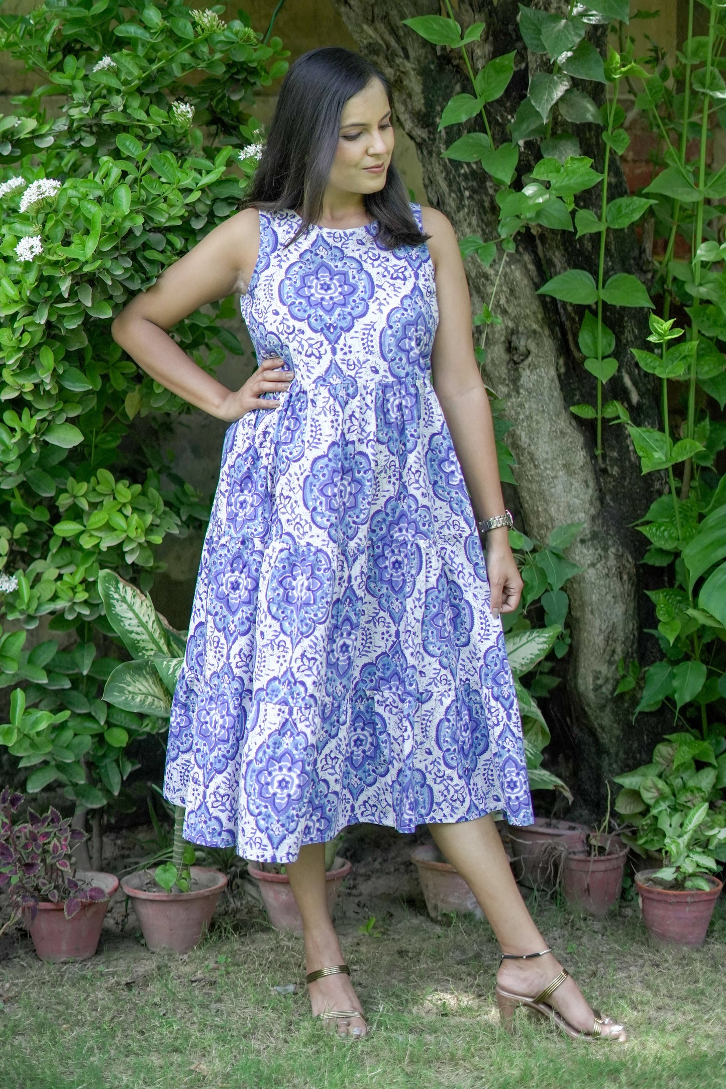 Layered Blue Floral Sleeveless Dress