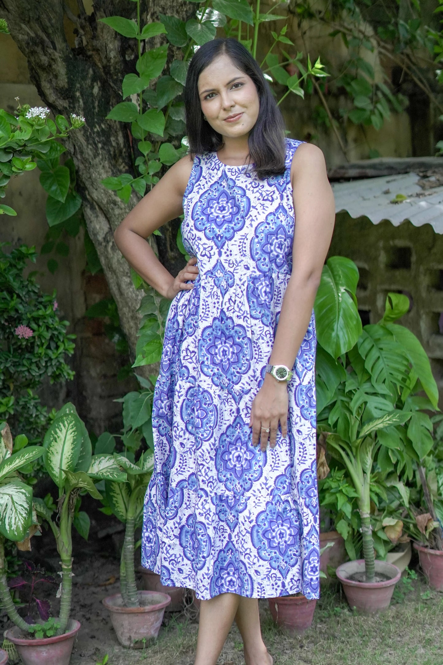 Layered Blue Floral Sleeveless Dress