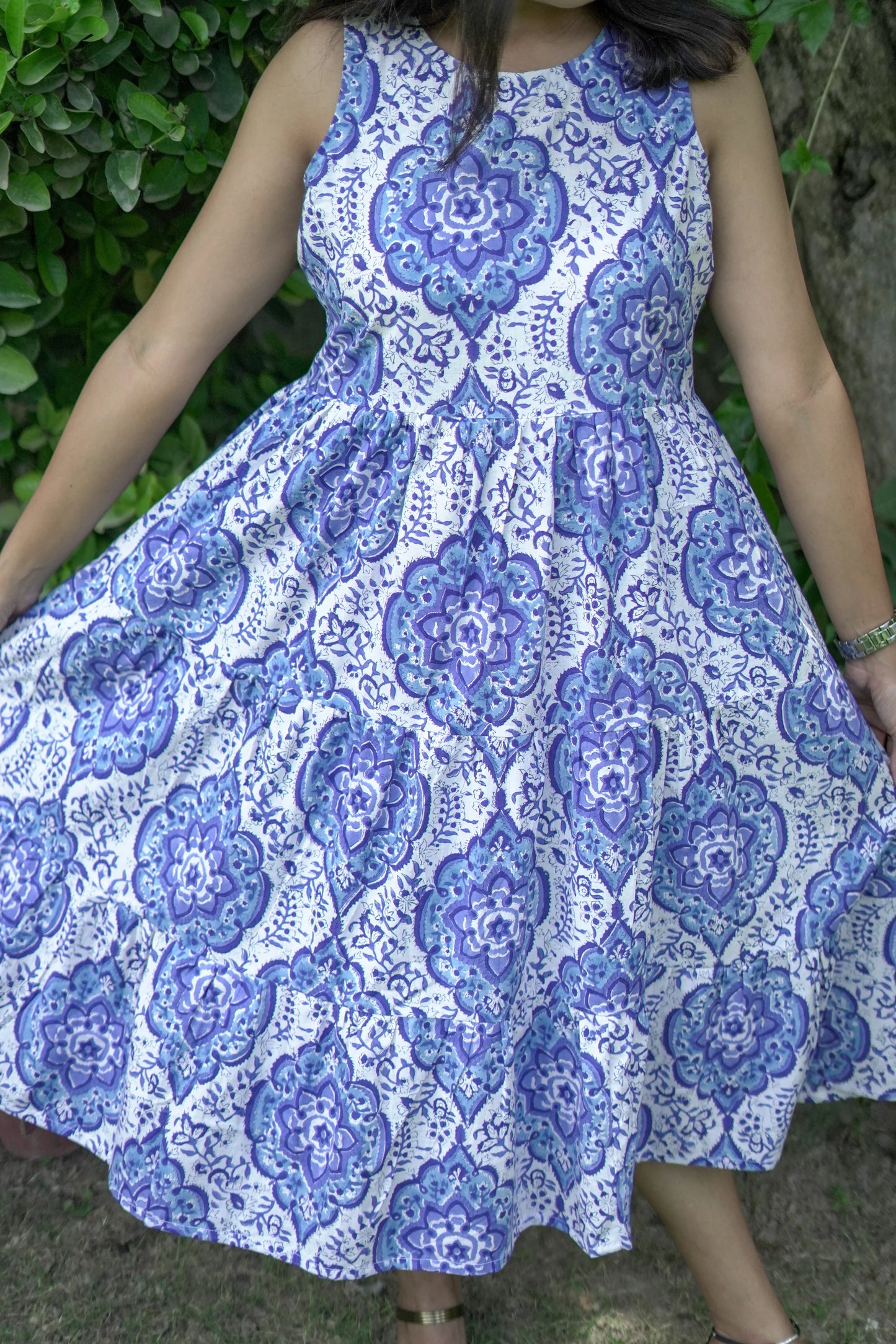 Layered Blue Floral Sleeveless Dress