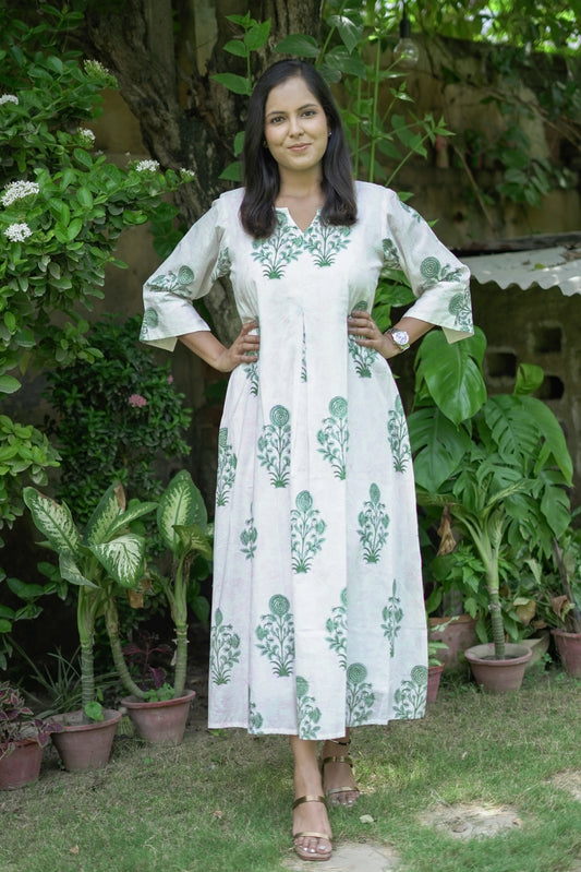 Cream and Green Box Pleat Dress