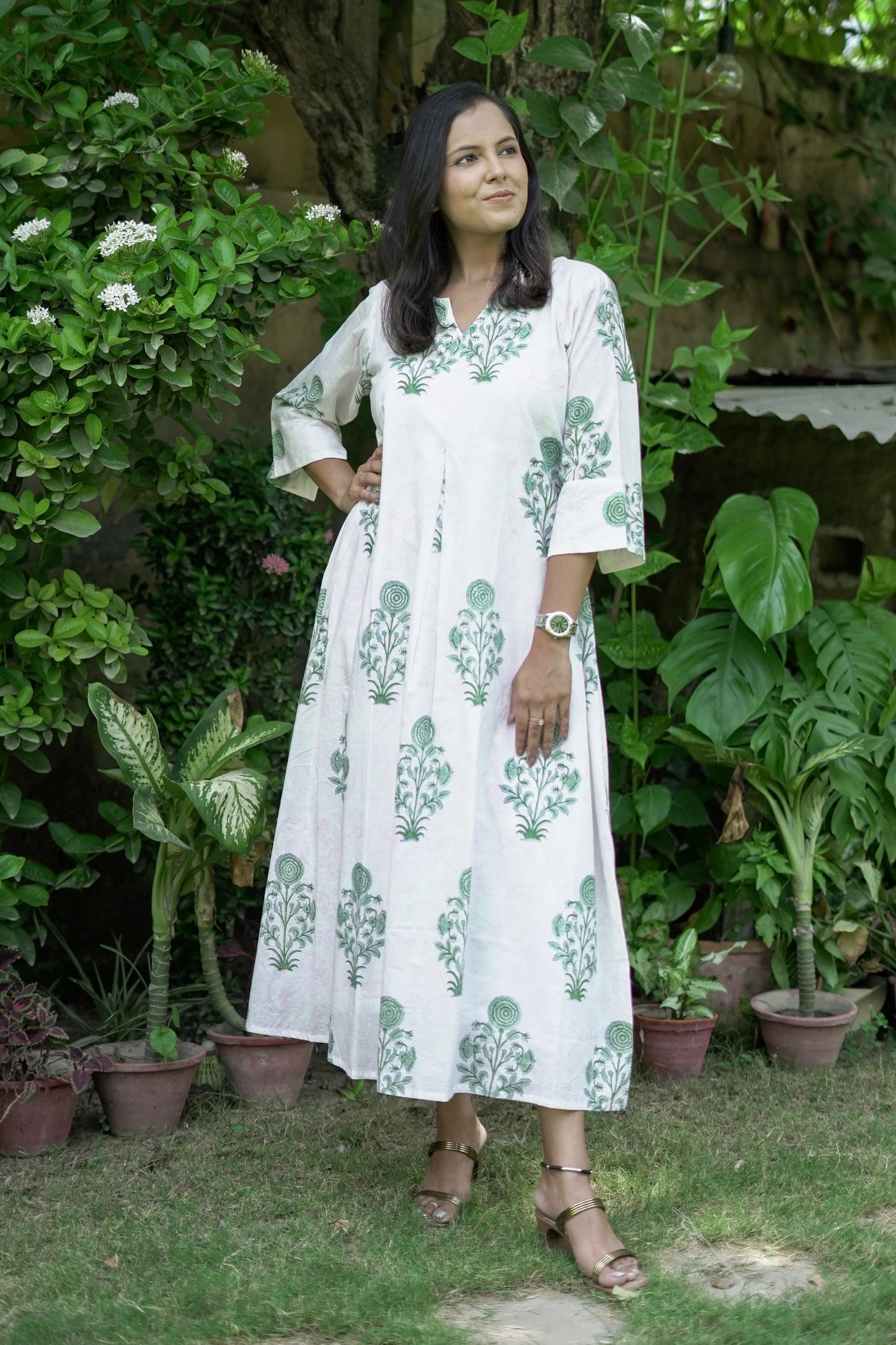 Cream and Green Box Pleat Dress