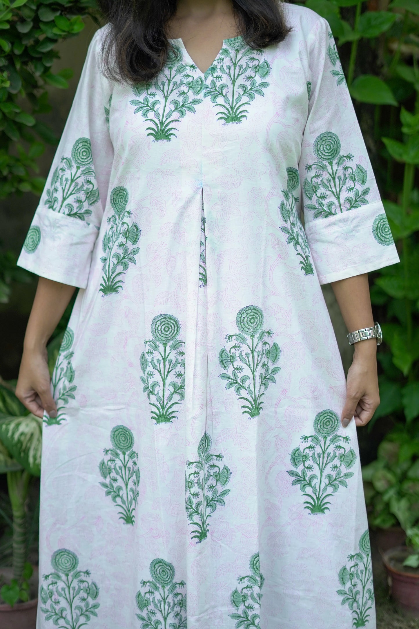 Cream and Green Box Pleat Dress