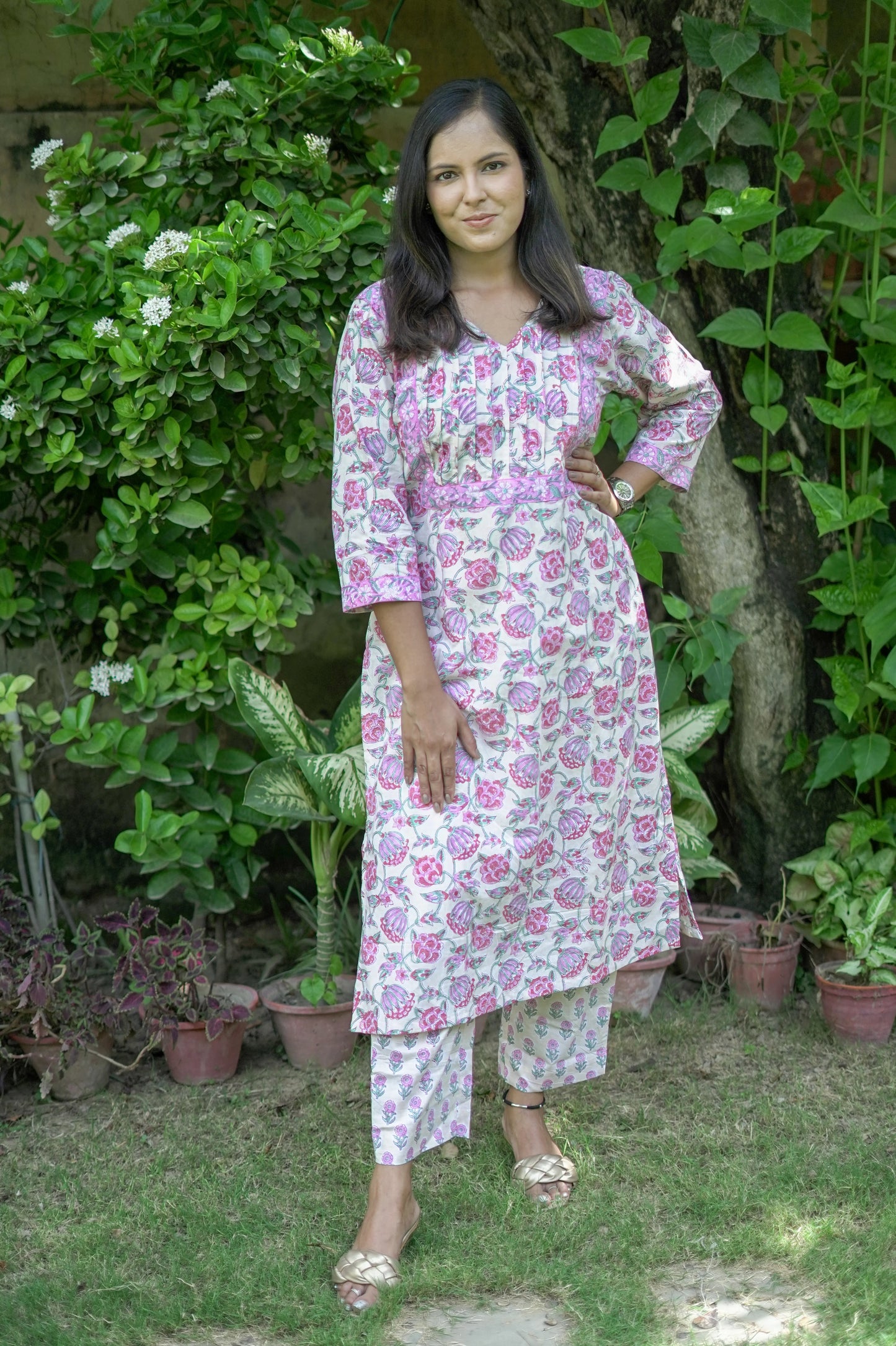 Pink and Cream Floral Kurta