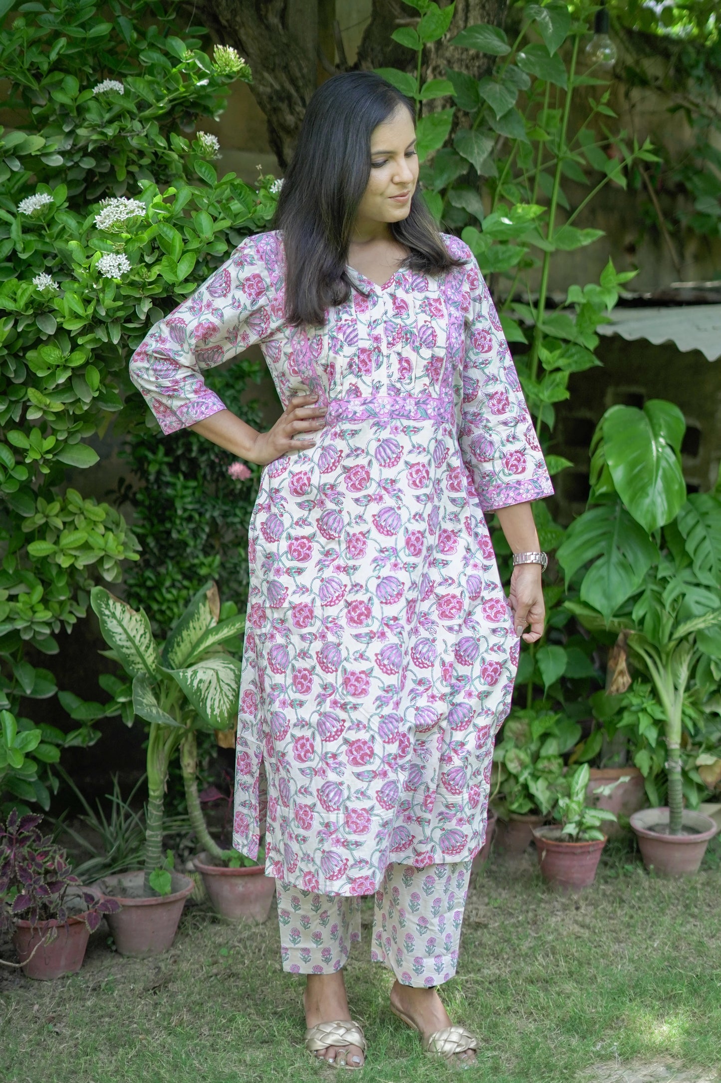 Pink and Cream Floral Kurta