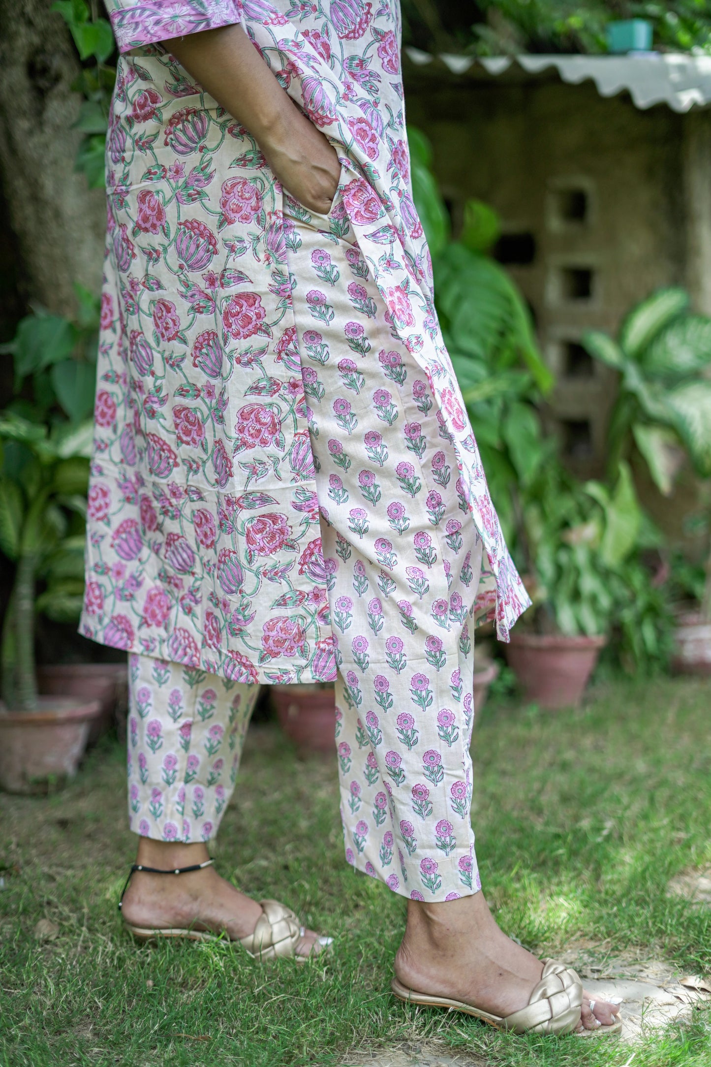 Pink and Cream Floral Kurta