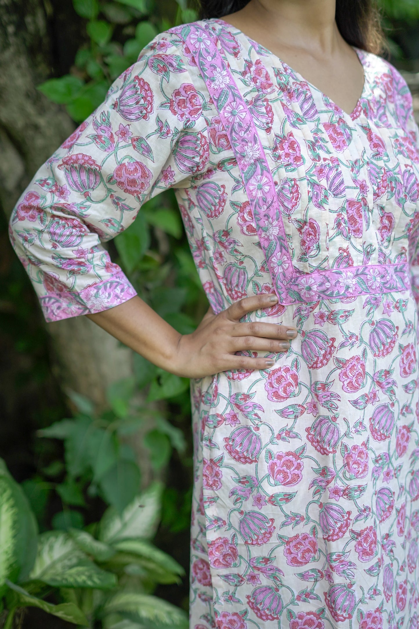 Pink and Cream Floral Kurta