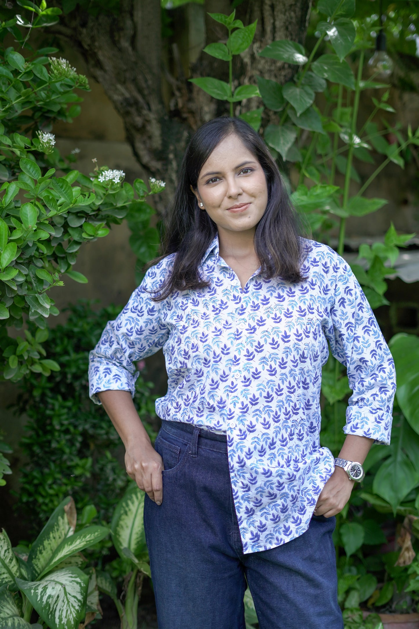 Blue and White Leafy Jaal Shirt