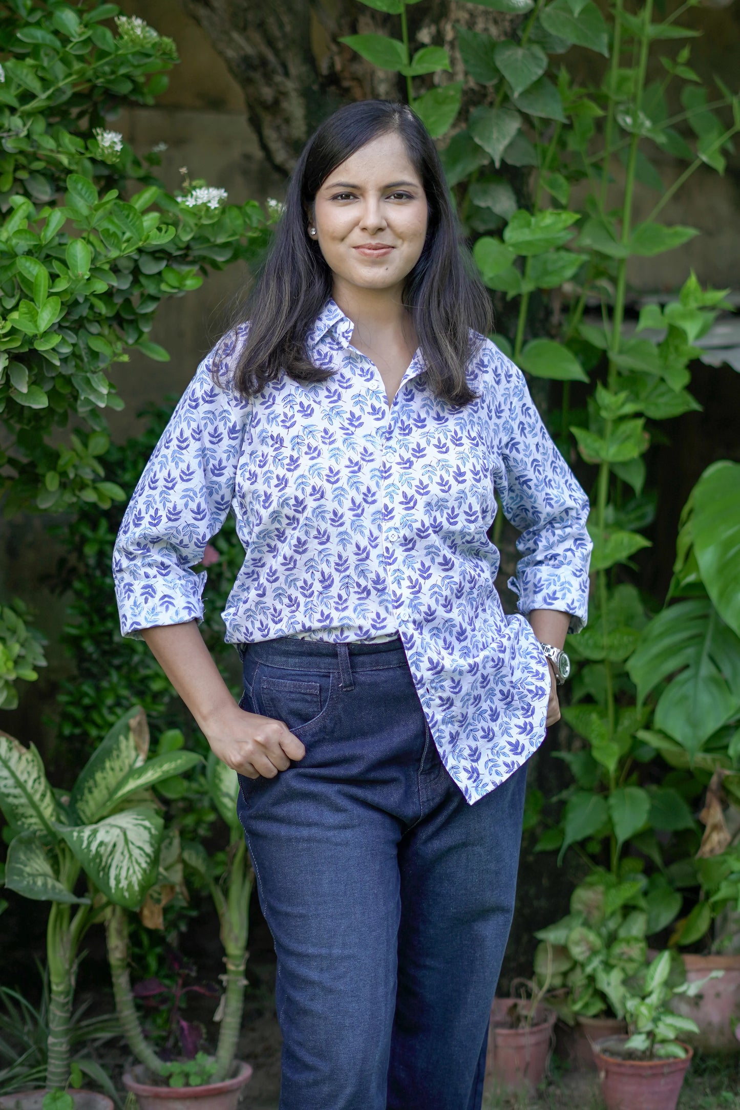 Blue and White Leafy Jaal Shirt