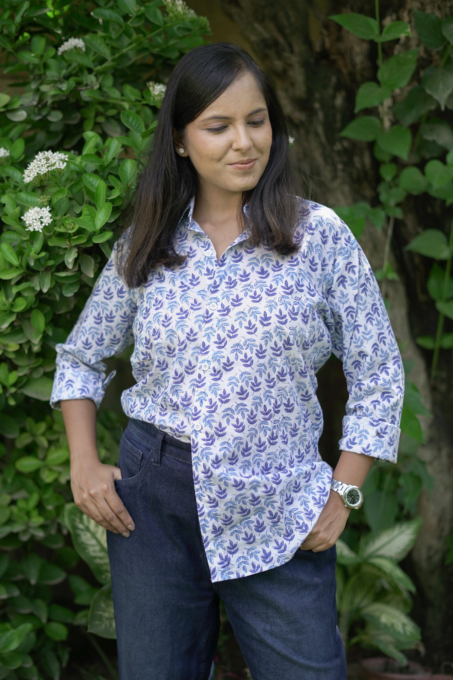 Blue and White Leafy Jaal Shirt