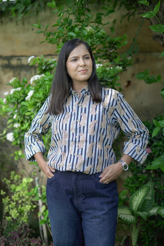 Blue Striped Shirt with Leopard Motifs