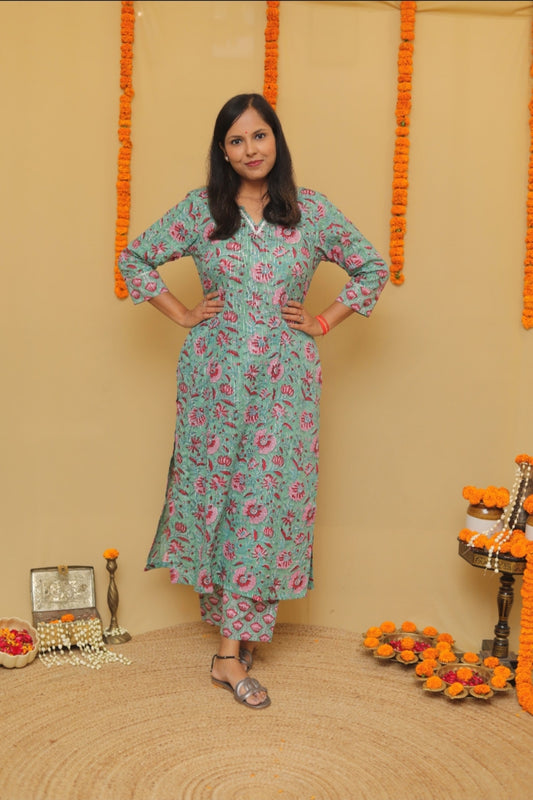Seafoam Green Silver Gota Kurta Pant Set